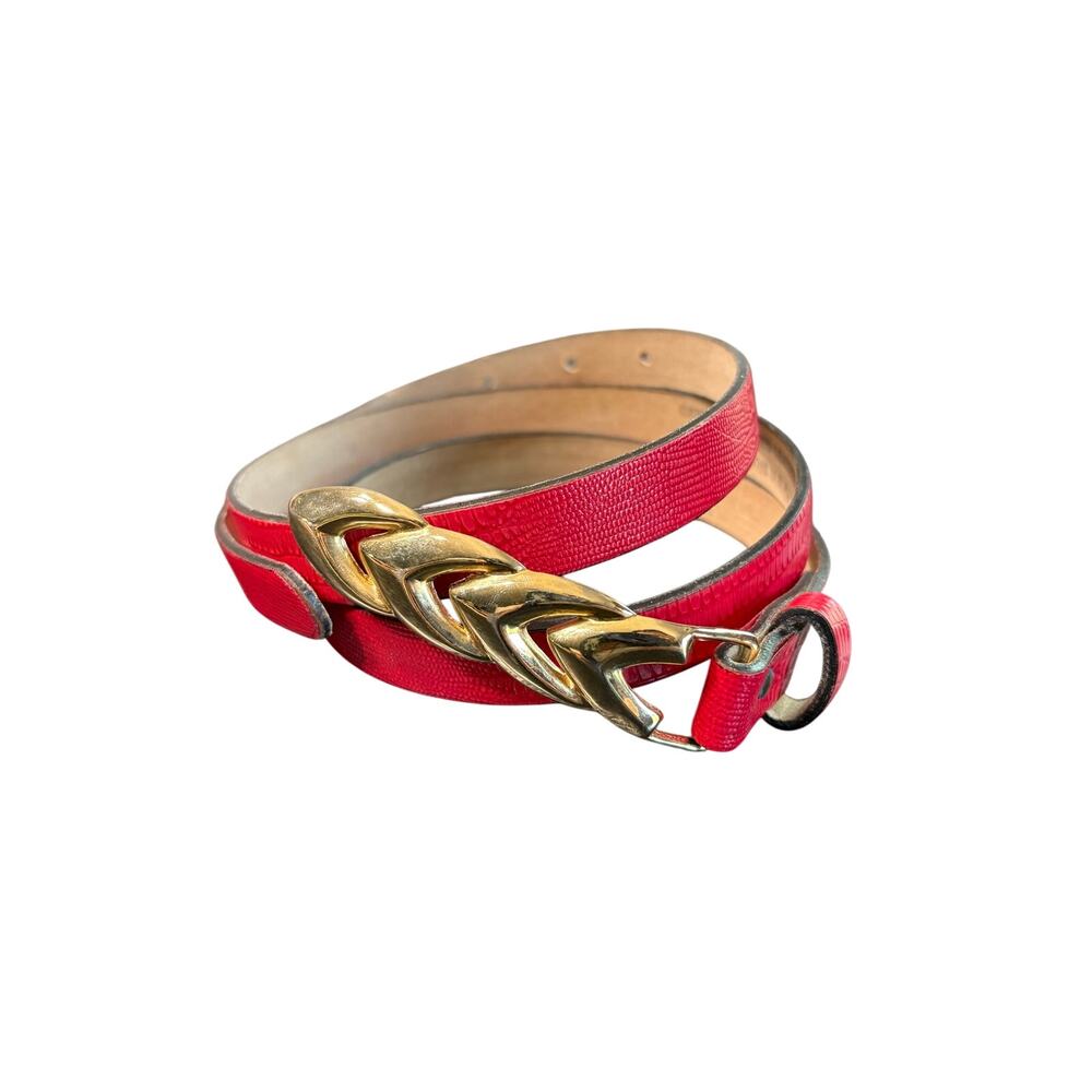 American Vintage- Thin Bright Red Leather Belt- Golden Metal Clasp- XL- 41.5"